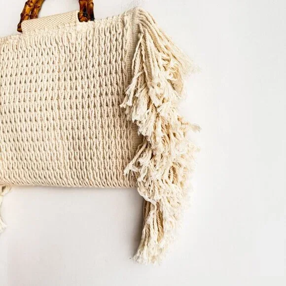 Zara Ivory Cream Crochet Woven Faux Bamboo Handle Tote Bag - Picture 3 of 7